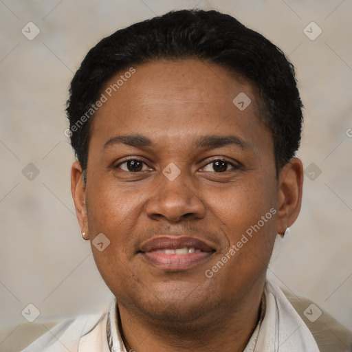 Joyful latino adult male with short  black hair and brown eyes