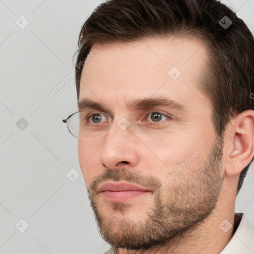 Neutral white young-adult male with short  brown hair and grey eyes