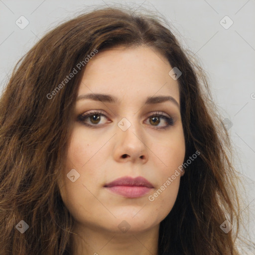 Neutral white young-adult female with long  brown hair and brown eyes