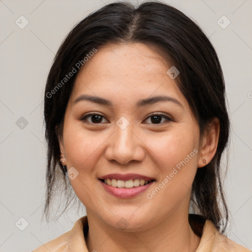 Joyful white young-adult female with medium  brown hair and brown eyes