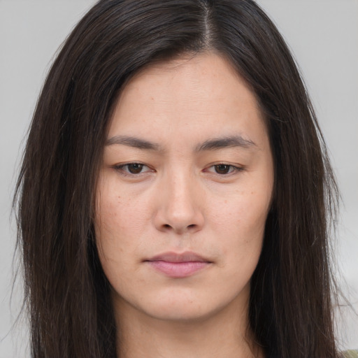 Neutral asian young-adult female with long  brown hair and brown eyes