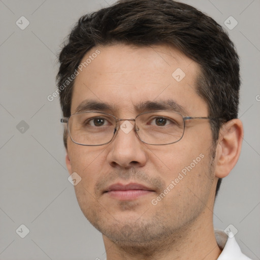 Neutral white adult male with short  brown hair and brown eyes