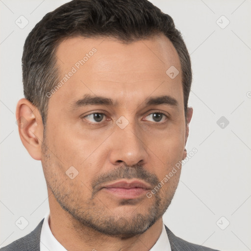 Neutral white adult male with short  brown hair and brown eyes