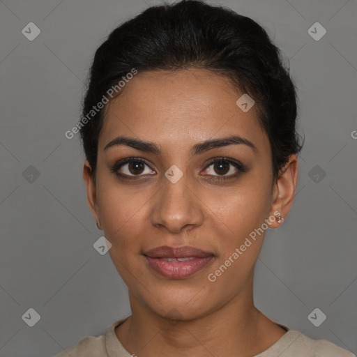 Joyful latino young-adult female with short  brown hair and brown eyes