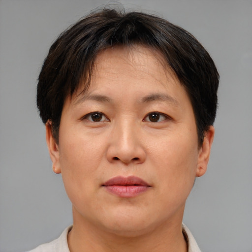 Joyful asian adult female with short  brown hair and brown eyes