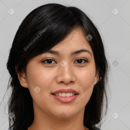 Joyful asian young-adult female with medium  black hair and brown eyes