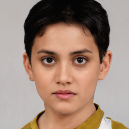 Neutral white young-adult female with short  brown hair and brown eyes