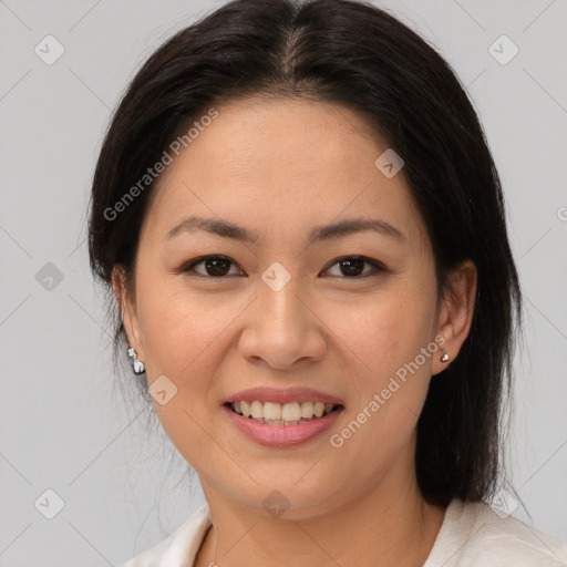 Joyful white young-adult female with medium  brown hair and brown eyes