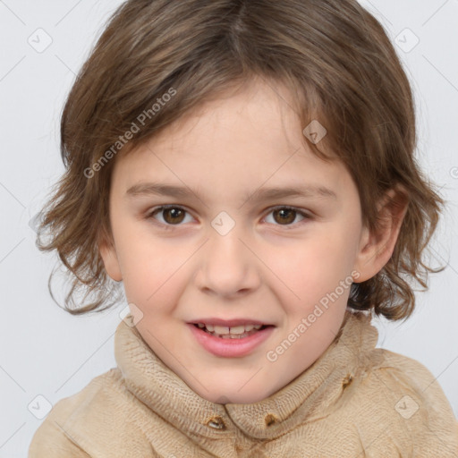 Joyful white child female with medium  brown hair and brown eyes