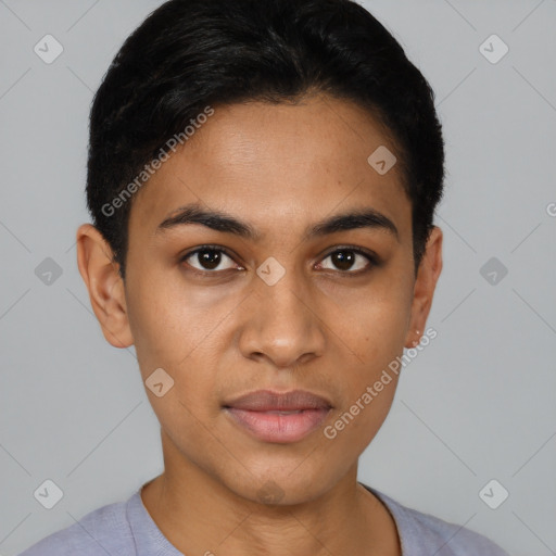 Joyful latino young-adult female with short  black hair and brown eyes