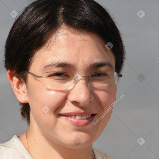 Joyful white adult female with medium  brown hair and brown eyes