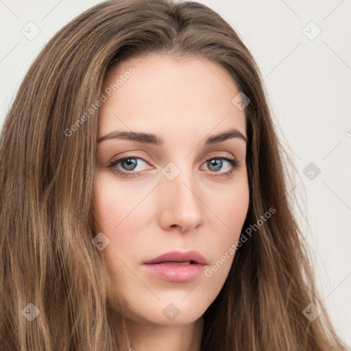 Neutral white young-adult female with long  brown hair and grey eyes