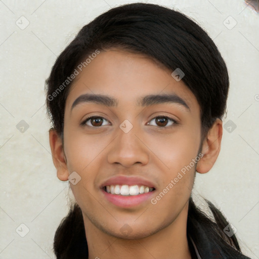 Joyful latino young-adult female with long  black hair and brown eyes