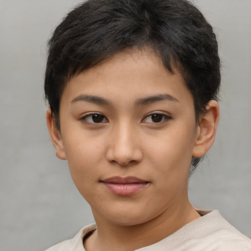 Neutral asian young-adult female with short  brown hair and brown eyes