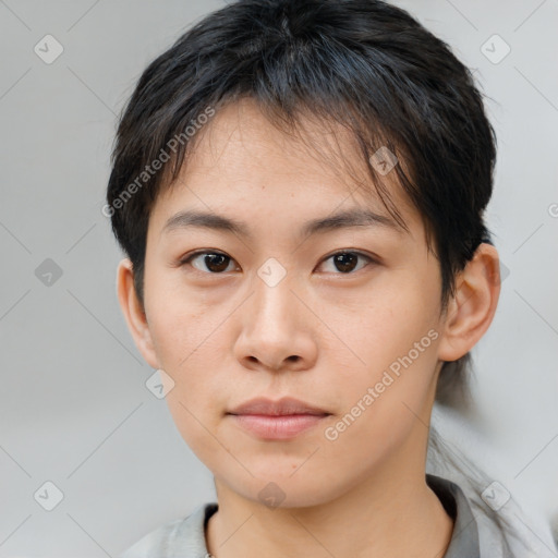 Neutral asian young-adult female with short  brown hair and brown eyes