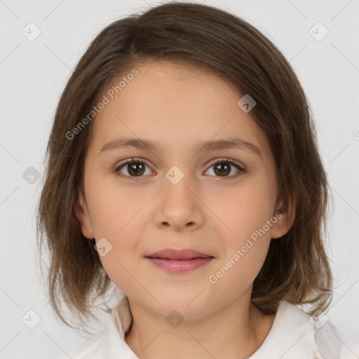 Joyful white child female with medium  brown hair and brown eyes