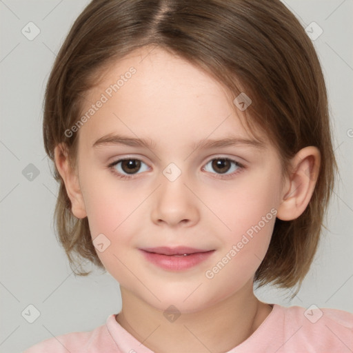 Joyful white child female with medium  brown hair and brown eyes