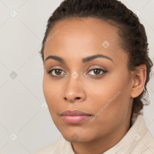 Neutral latino young-adult female with long  brown hair and brown eyes