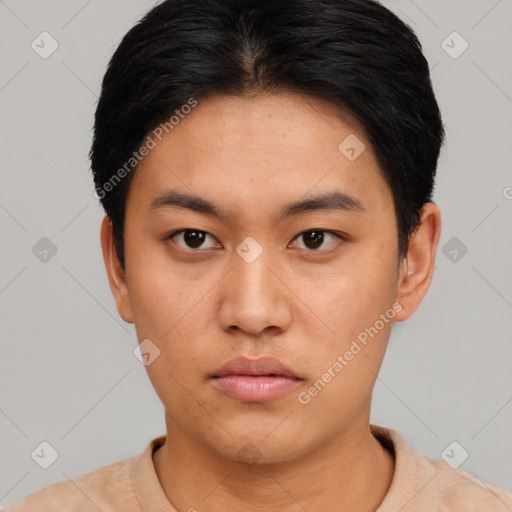 Neutral asian young-adult male with short  black hair and brown eyes