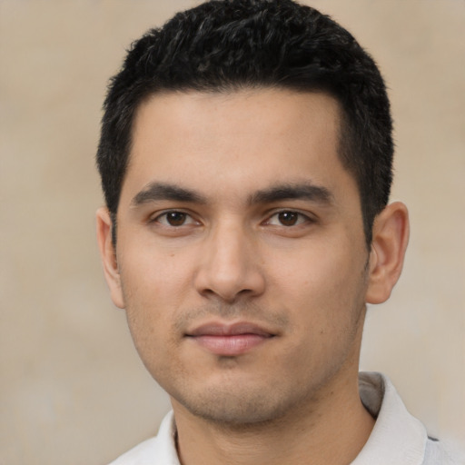 Neutral latino young-adult male with short  black hair and brown eyes
