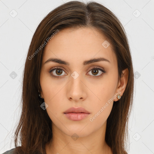 Neutral white young-adult female with long  brown hair and brown eyes