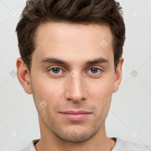 Neutral white young-adult male with short  brown hair and grey eyes