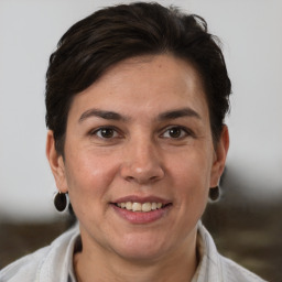 Joyful white adult female with short  brown hair and brown eyes