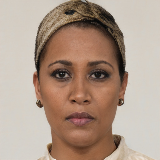 Neutral black young-adult female with short  brown hair and brown eyes