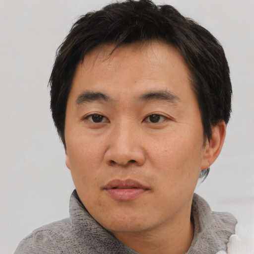 Neutral asian adult male with short  black hair and brown eyes