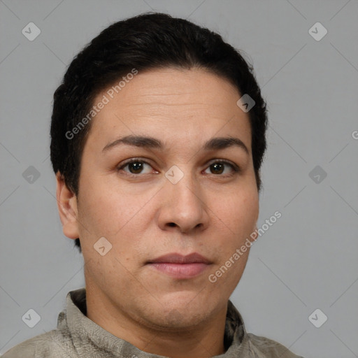 Neutral white adult female with short  brown hair and brown eyes