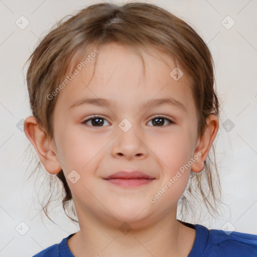 Joyful white child female with medium  brown hair and brown eyes