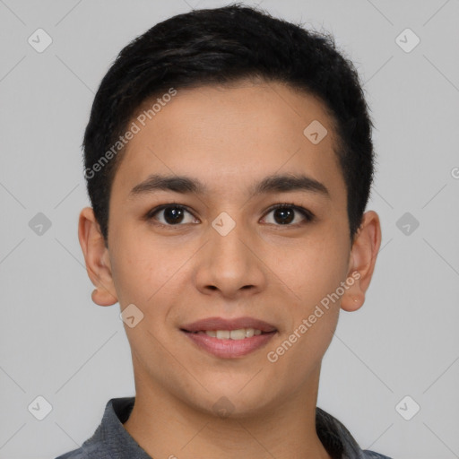 Joyful asian young-adult male with short  black hair and brown eyes