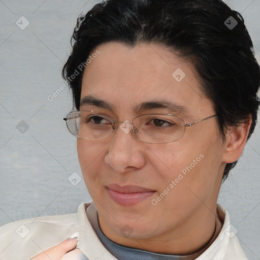 Joyful white adult female with short  brown hair and brown eyes