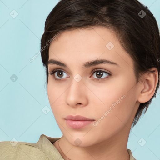 Neutral white young-adult female with medium  brown hair and brown eyes