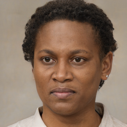 Neutral black adult female with short  brown hair and brown eyes