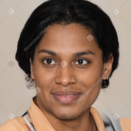 Joyful latino young-adult female with medium  brown hair and brown eyes