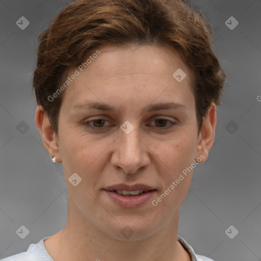 Joyful white adult female with short  brown hair and brown eyes