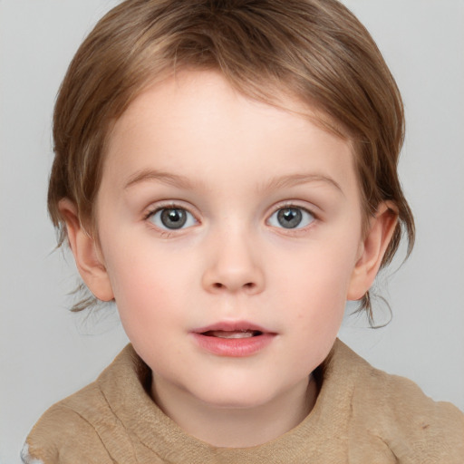 Neutral white child female with medium  brown hair and grey eyes