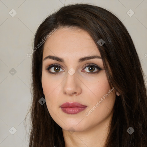 Neutral white young-adult female with long  brown hair and brown eyes