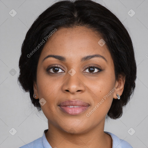 Joyful black young-adult female with medium  black hair and brown eyes