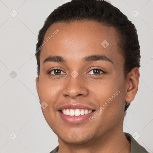 Joyful white young-adult female with short  brown hair and brown eyes