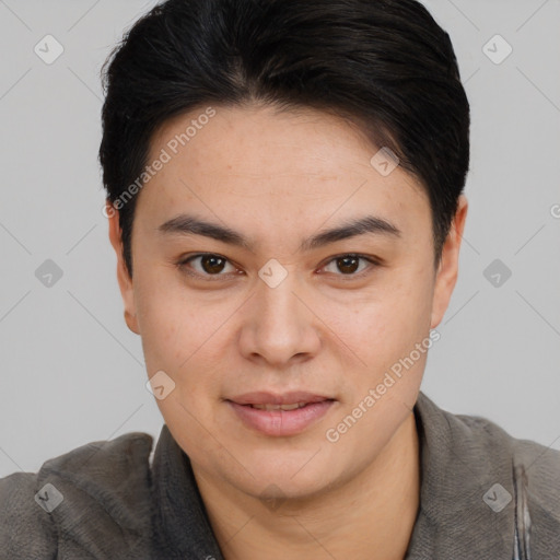 Joyful white young-adult female with short  brown hair and brown eyes