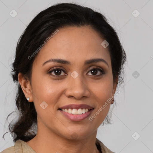 Joyful latino young-adult female with medium  brown hair and brown eyes