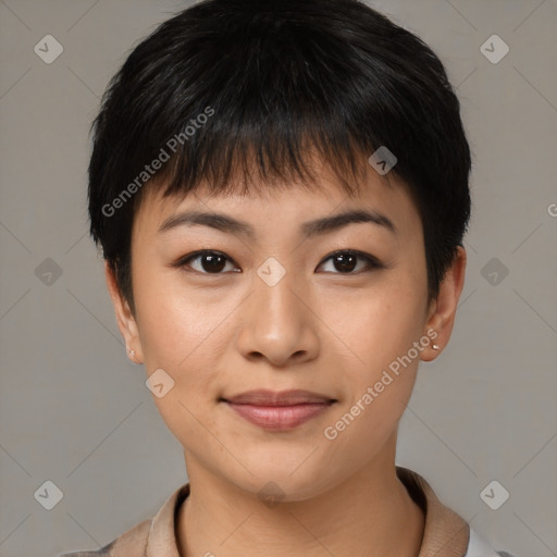 Joyful asian young-adult female with short  brown hair and brown eyes