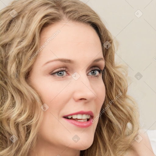 Joyful white young-adult female with long  brown hair and green eyes