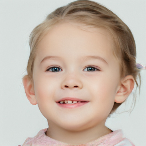 Joyful white child female with medium  brown hair and blue eyes