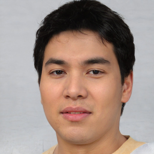 Neutral asian young-adult male with short  black hair and brown eyes