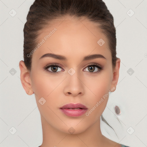 Neutral white young-adult female with medium  brown hair and brown eyes