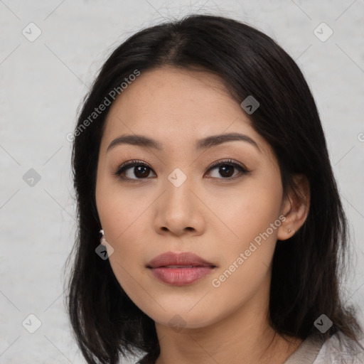 Neutral asian young-adult female with medium  black hair and brown eyes