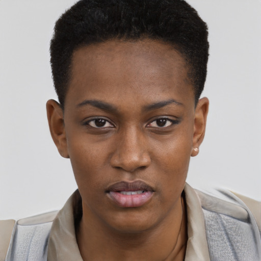 Neutral black young-adult female with short  brown hair and brown eyes